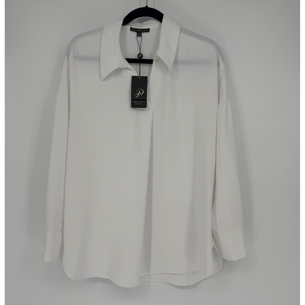 Adrianna Papell White Crinkle Textured Long Sleeve V-Neck Blouse AD1S301868 M
